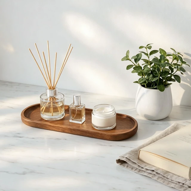 Alt view image 6 of 7 - Small Acacia Wood Serving Tray, Wooden Decorative Tray for Coffee Table, Kitchen, Bathroom Counter - Wood Platter for Candles, Perfume, Snacks (11.4 x 4.1 x 0.6 in)