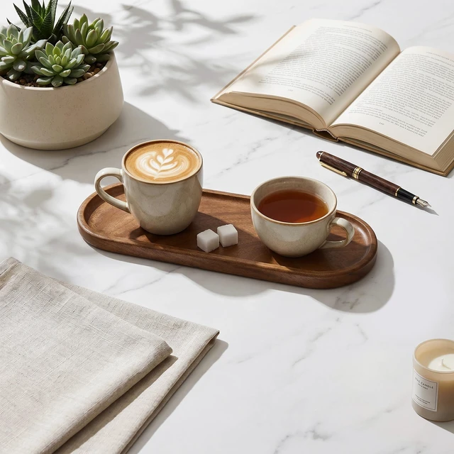 Alt view image 7 of 7 - Small Acacia Wood Serving Tray, Wooden Decorative Tray for Coffee Table, Kitchen, Bathroom Counter - Wood Platter for Candles, Perfume, Snacks (11.4 x 4.1 x 0.6 in)