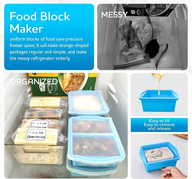 Alt view image 3 of 7 - Silicone Freezer Molds, 2Cup Portion freezer storage containers, 3 Pack | Silicone Freezer Trays with Lids, Silicone Freezer Trays with Lids for freezing soups, sauces and individual microwave safe