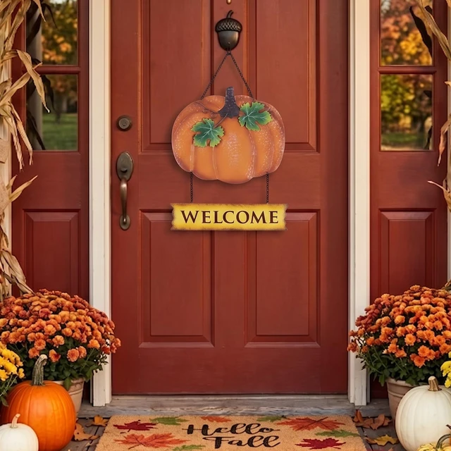 Alt view image 2 of 7 - Fall Decorations for Home, 17'' Metal Pumpkin Fall Door Decor, Autumn Handmade Hanging Craft Welcome Wall Sign, Thanksgiving Wreaths for Front Door, Outdoor Window, Mantel, Farmhouse Indoor