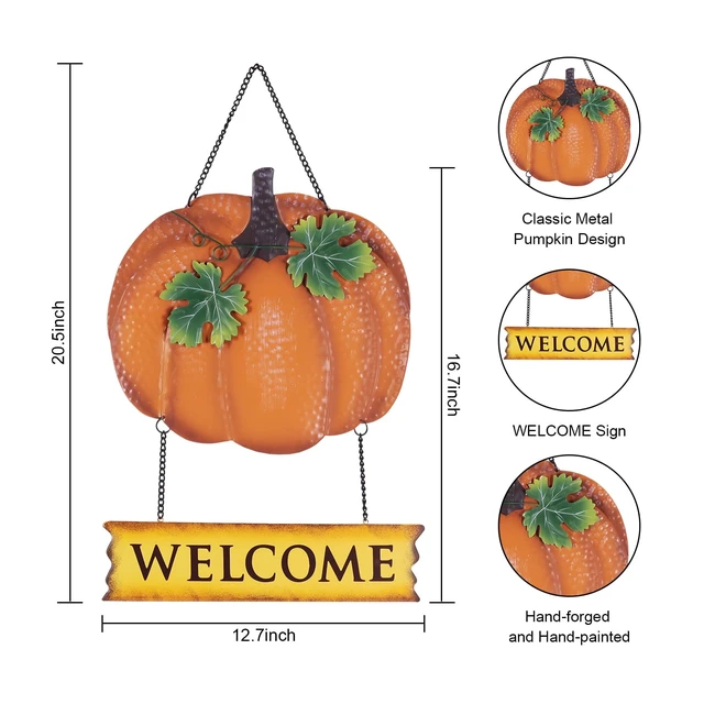 Alt view image 3 of 7 - Fall Decorations for Home, 17'' Metal Pumpkin Fall Door Decor, Autumn Handmade Hanging Craft Welcome Wall Sign, Thanksgiving Wreaths for Front Door, Outdoor Window, Mantel, Farmhouse Indoor