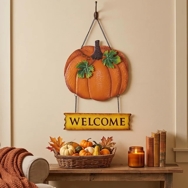 Alt view image 4 of 7 - Fall Decorations for Home, 17'' Metal Pumpkin Fall Door Decor, Autumn Handmade Hanging Craft Welcome Wall Sign, Thanksgiving Wreaths for Front Door, Outdoor Window, Mantel, Farmhouse Indoor