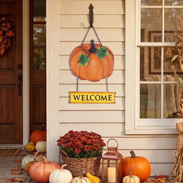 Alt view image 5 of 7 - Fall Decorations for Home, 17'' Metal Pumpkin Fall Door Decor, Autumn Handmade Hanging Craft Welcome Wall Sign, Thanksgiving Wreaths for Front Door, Outdoor Window, Mantel, Farmhouse Indoor
