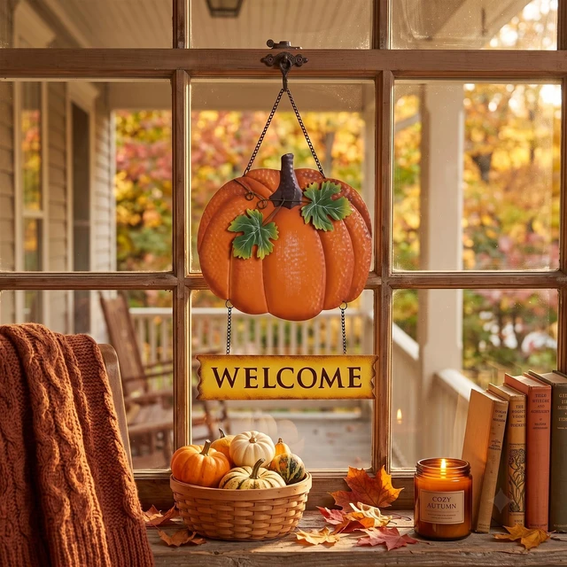 Alt view image 6 of 7 - Fall Decorations for Home, 17'' Metal Pumpkin Fall Door Decor, Autumn Handmade Hanging Craft Welcome Wall Sign, Thanksgiving Wreaths for Front Door, Outdoor Window, Mantel, Farmhouse Indoor