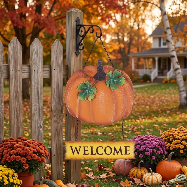 Alt view image 7 of 7 - Fall Decorations for Home, 17'' Metal Pumpkin Fall Door Decor, Autumn Handmade Hanging Craft Welcome Wall Sign, Thanksgiving Wreaths for Front Door, Outdoor Window, Mantel, Farmhouse Indoor