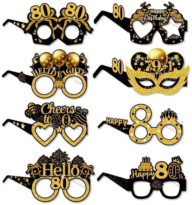 Main image of 16PCS 80th Birthday Eyeglasses Decorations Gold Paper Birthday Photo Props | Paper Frame,Mixed Designs,Printed Clearly,Not Easily Break,No Assembly Required,Cheers to 80 Years Party,80s Birth Favors