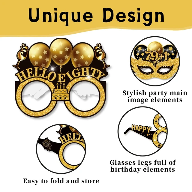 Alt view image 4 of 7 - 16PCS 80th Birthday Eyeglasses Decorations Gold Paper Birthday Photo Props | Paper Frame,Mixed Designs,Printed Clearly,Not Easily Break,No Assembly Required,Cheers to 80 Years Party,80s Birth Favors