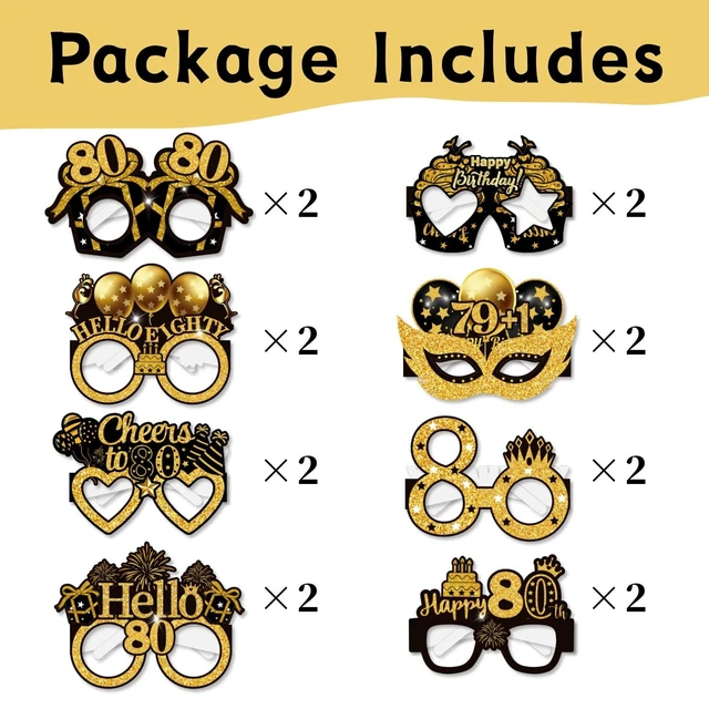 Alt view image 5 of 7 - 16PCS 80th Birthday Eyeglasses Decorations Gold Paper Birthday Photo Props | Paper Frame,Mixed Designs,Printed Clearly,Not Easily Break,No Assembly Required,Cheers to 80 Years Party,80s Birth Favors