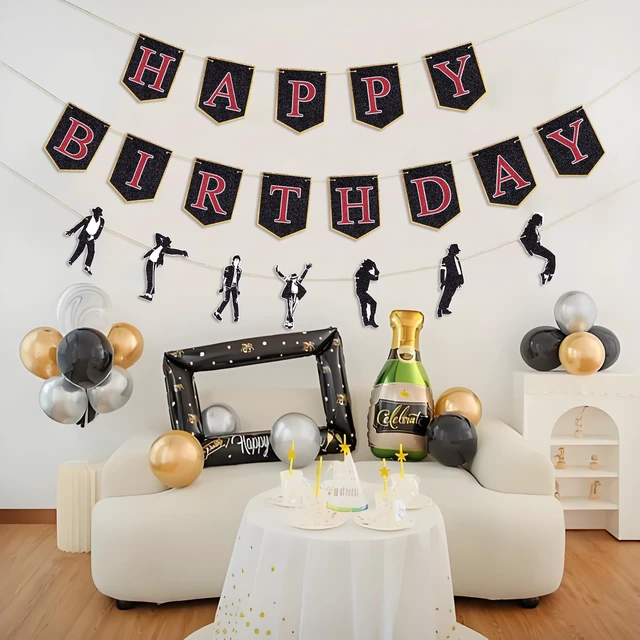 Alt view image 5 of 5 - Cool Pop Happy Birthday Banner Glitter Black and Red Jazz Dance Birthday Decorations Pop Music Dancing Anniversary Party Supplies