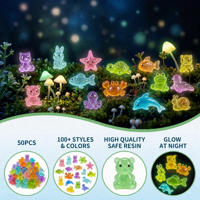 Alt view image 2 of 6 - 50 Pcs Glow-in-the-Dark Mini Resin Animals in Mystery Blind Bags | Individually wrapped, assorted shapes and colors, for fairy gardens, DIY crafts, party favors, and collecting