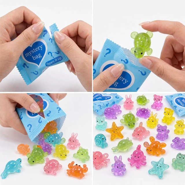 Alt view image 6 of 6 - 50 Pcs Glow-in-the-Dark Mini Resin Animals in Mystery Blind Bags | Individually wrapped, assorted shapes and colors, for fairy gardens, DIY crafts, party favors, and collecting