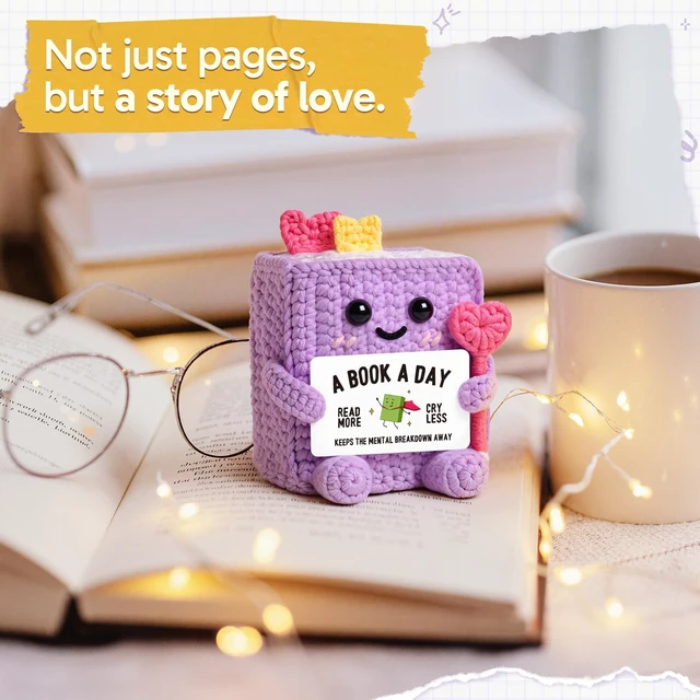 Alt view image 3 of 7 - Book Lovers Gifts for Women, Girl, Book-Shaped Positive Support Crochet | Funny Book-Themed Birthday Book Club Bookish Gifts for Reader, Librarian, Bookworm, Desk Decor, Handmade
