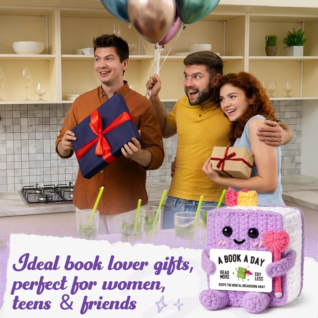 Alt view image 4 of 7 - Book Lovers Gifts for Women, Girl, Book-Shaped Positive Support Crochet | Funny Book-Themed Birthday Book Club Bookish Gifts for Reader, Librarian, Bookworm, Desk Decor, Handmade