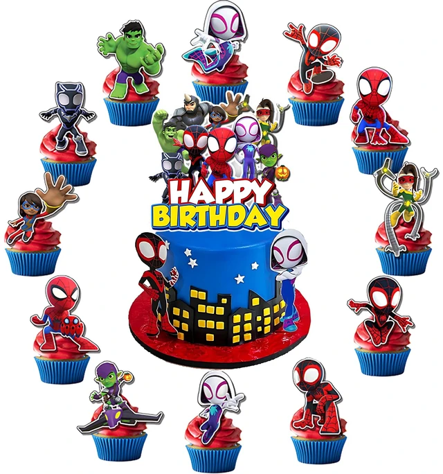 Main image of 13Pcs Cartoon Spider Cake Decorations with 12pcs Cupcake Toppers, 1pcs Cake Topper for Boys Movie Theme Birthday Party Decorations