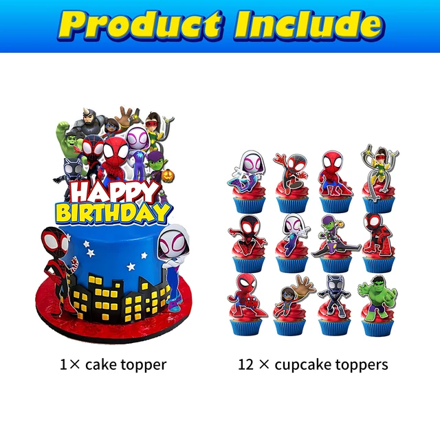 Alt view image 4 of 5 - 13Pcs Cartoon Spider Cake Decorations with 12pcs Cupcake Toppers, 1pcs Cake Topper for Boys Movie Theme Birthday Party Decorations