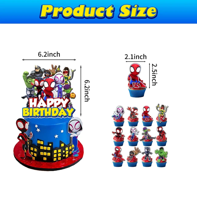Alt view image 5 of 5 - 13Pcs Cartoon Spider Cake Decorations with 12pcs Cupcake Toppers, 1pcs Cake Topper for Boys Movie Theme Birthday Party Decorations