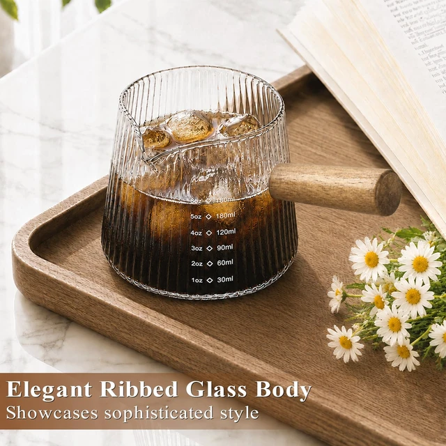 Alt view image 2 of 7 - 6OZ Espresso Shot Glass Cups Coffee Measuring Cup Coffee Bar Accessories | With wood handle, V-shaped, spout ribbed milk frothing pitcher spouts cup for coffee milk sauce