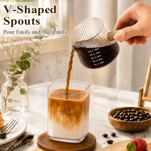 Alt view image 3 of 7 - 6OZ Espresso Shot Glass Cups Coffee Measuring Cup Coffee Bar Accessories | With wood handle, V-shaped, spout ribbed milk frothing pitcher spouts cup for coffee milk sauce