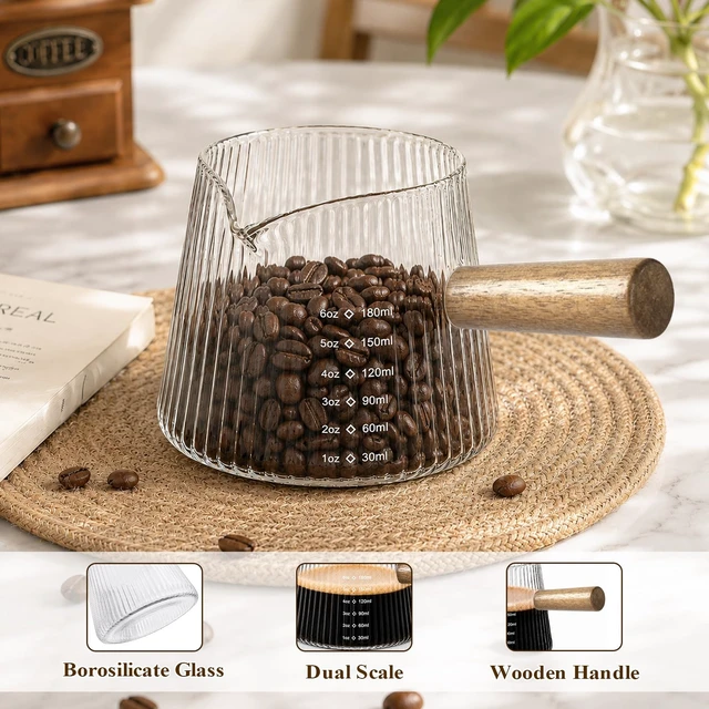 Alt view image 4 of 7 - 6OZ Espresso Shot Glass Cups Coffee Measuring Cup Coffee Bar Accessories | With wood handle, V-shaped, spout ribbed milk frothing pitcher spouts cup for coffee milk sauce