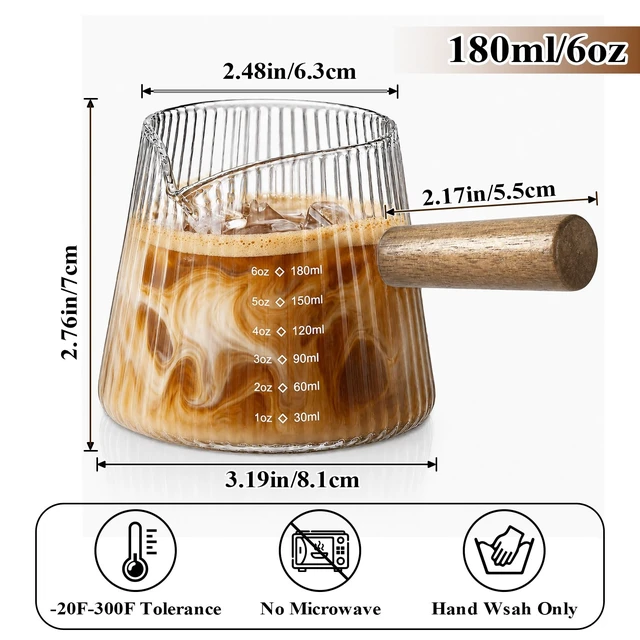Alt view image 5 of 7 - 6OZ Espresso Shot Glass Cups Coffee Measuring Cup Coffee Bar Accessories | With wood handle, V-shaped, spout ribbed milk frothing pitcher spouts cup for coffee milk sauce