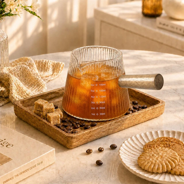 Alt view image 7 of 7 - 6OZ Espresso Shot Glass Cups Coffee Measuring Cup Coffee Bar Accessories | With wood handle, V-shaped, spout ribbed milk frothing pitcher spouts cup for coffee milk sauce