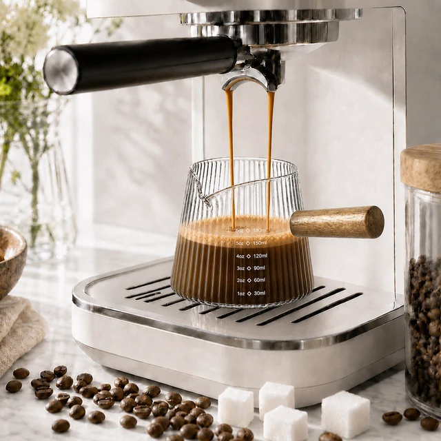 Alt view image 6 of 7 - 6OZ Espresso Shot Glass Cups Coffee Measuring Cup Coffee Bar Accessories | With wood handle, V-shaped, spout ribbed milk frothing pitcher spouts cup for coffee milk sauce