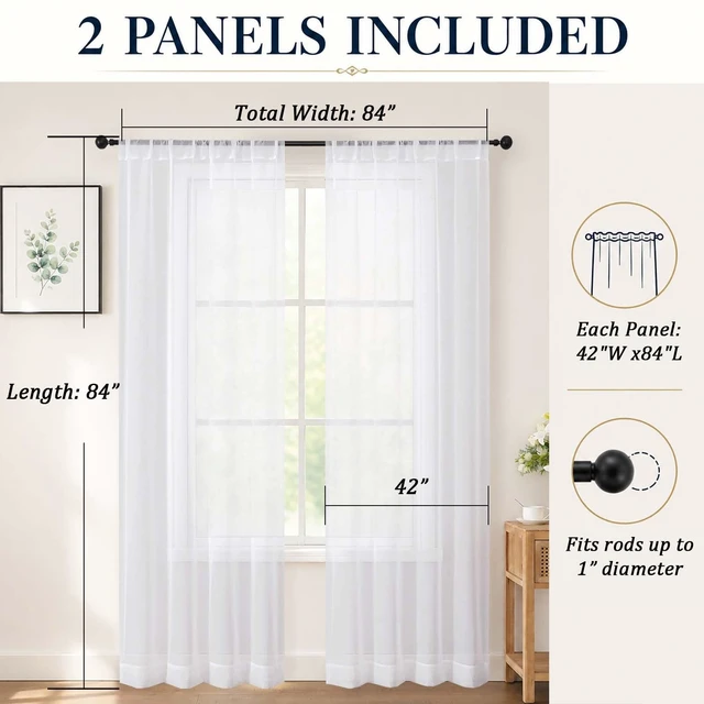 Alt view image 6 of 7 - White Sheer Curtains 84 inch Long for Living Room, 2 Panels | Light Filtering, Voile Drapes, Rod Pocket, Bedroom, Window Treatment, Soft, Airy, Each 42Wx84L
