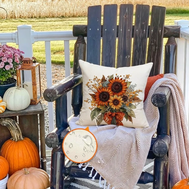 Alt view image 2 of 7 - Fall Outdoor Pillow Cover 18x18 Waterproof Sunflower Thanksgiving | Orange Yellow Floral Print,Autumn Harvest Decor,Not Insert,Machine Washable,Perfect for Sofa Couch Patio Farmhouse
