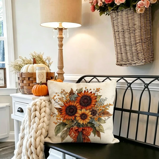 Alt view image 4 of 7 - Fall Outdoor Pillow Cover 18x18 Waterproof Sunflower Thanksgiving | Orange Yellow Floral Print,Autumn Harvest Decor,Not Insert,Machine Washable,Perfect for Sofa Couch Patio Farmhouse