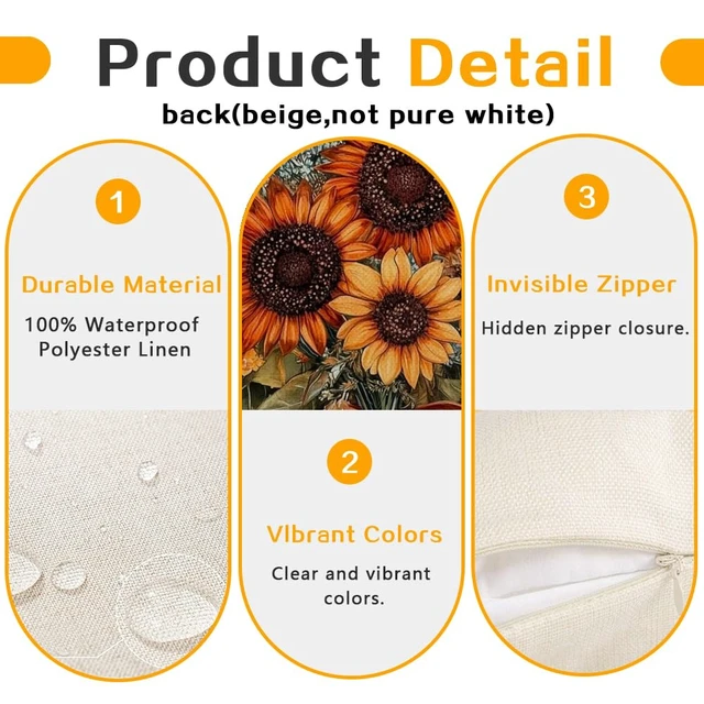 Alt view image 5 of 7 - Fall Outdoor Pillow Cover 18x18 Waterproof Sunflower Thanksgiving | Orange Yellow Floral Print,Autumn Harvest Decor,Not Insert,Machine Washable,Perfect for Sofa Couch Patio Farmhouse