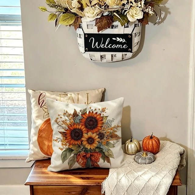 Alt view image 6 of 7 - Fall Outdoor Pillow Cover 18x18 Waterproof Sunflower Thanksgiving | Orange Yellow Floral Print,Autumn Harvest Decor,Not Insert,Machine Washable,Perfect for Sofa Couch Patio Farmhouse
