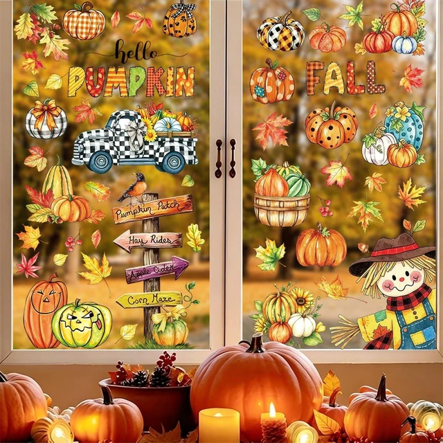 Alt view image 2 of 7 - 9 Sheet 74Pcs Thanksgiving Window Clings Decals Fall Decors | Double-Sided Reusable Static Decals Glass,Pumpkin Nuts Maple Leaves Autumn Decors Home School & Party Decor Indoor Outdoor