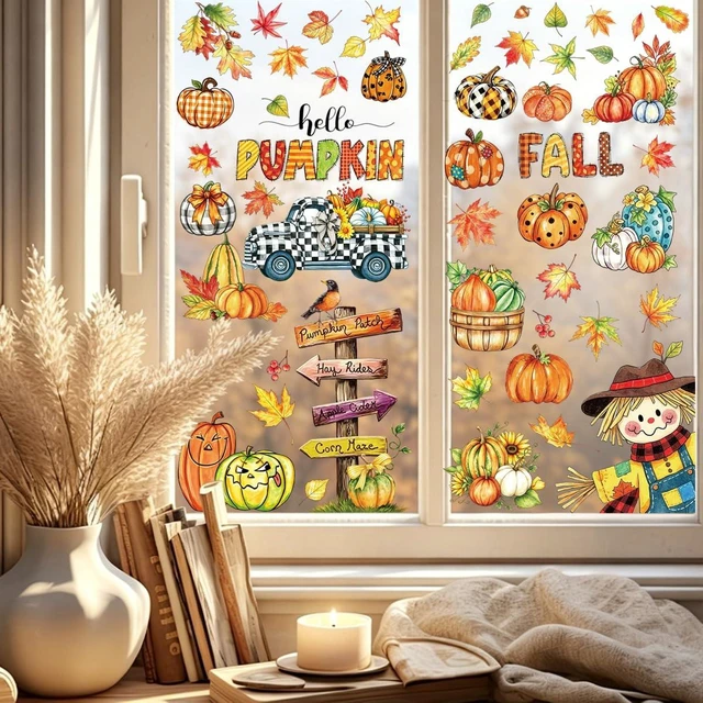 Alt view image 3 of 7 - 9 Sheet 74Pcs Thanksgiving Window Clings Decals Fall Decors | Double-Sided Reusable Static Decals Glass,Pumpkin Nuts Maple Leaves Autumn Decors Home School & Party Decor Indoor Outdoor