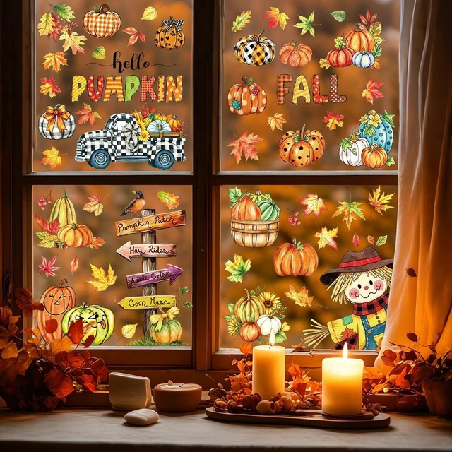 Alt view image 4 of 7 - 9 Sheet 74Pcs Thanksgiving Window Clings Decals Fall Decors | Double-Sided Reusable Static Decals Glass,Pumpkin Nuts Maple Leaves Autumn Decors Home School & Party Decor Indoor Outdoor