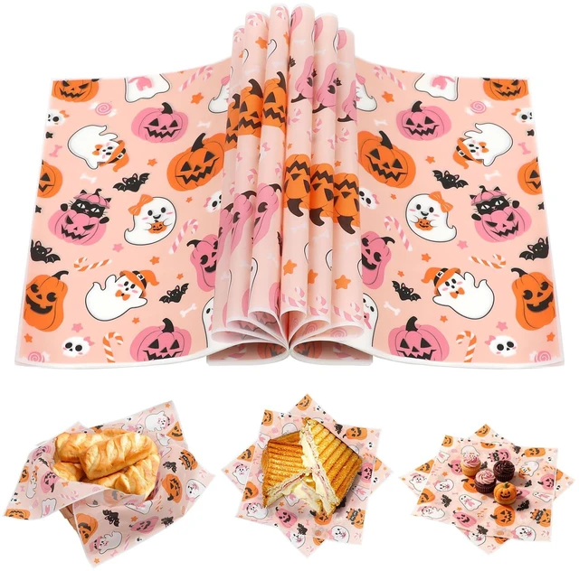 Main image of 150 Pack Halloween Wax Paper Sheets for Food, Pink Ghost Pumpkin Greaseproof Wrapping Deli Parchment Baking Paper for Sandwich Cookies Picnic Oilproof Basket Liners Halloween Kicthen Supplies