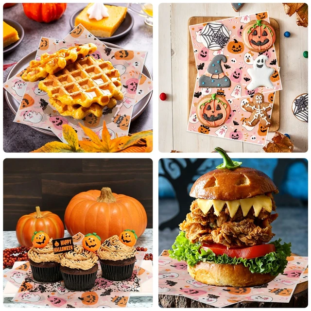 Alt view image 6 of 7 - 150 Pack Halloween Wax Paper Sheets for Food, Pink Ghost Pumpkin Greaseproof Wrapping Deli Parchment Baking Paper for Sandwich Cookies Picnic Oilproof Basket Liners Halloween Kicthen Supplies