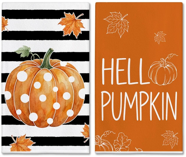 Main image of Fall Kitchen Towels, Pumpkin Fall Decor, Stripe Hand Towels | Thanksgiving Dish Towel Set of 2 18x28 Inch,Autumn Bathroom Decorations,Seasonal Farmhouse Decor