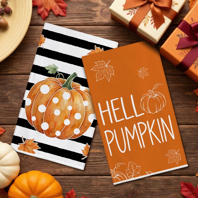 Alt view image 3 of 7 - Fall Kitchen Towels, Pumpkin Fall Decor, Stripe Hand Towels | Thanksgiving Dish Towel Set of 2 18x28 Inch,Autumn Bathroom Decorations,Seasonal Farmhouse Decor
