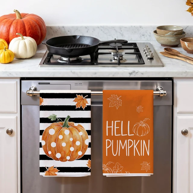 Alt view image 4 of 7 - Fall Kitchen Towels, Pumpkin Fall Decor, Stripe Hand Towels | Thanksgiving Dish Towel Set of 2 18x28 Inch,Autumn Bathroom Decorations,Seasonal Farmhouse Decor