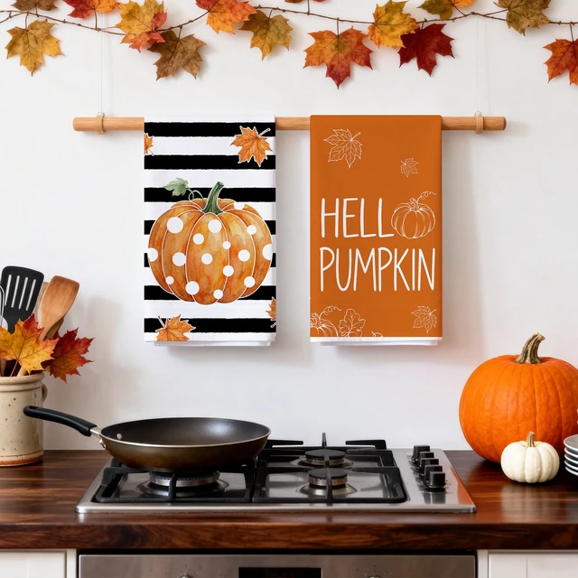Alt view image 5 of 7 - Fall Kitchen Towels, Pumpkin Fall Decor, Stripe Hand Towels | Thanksgiving Dish Towel Set of 2 18x28 Inch,Autumn Bathroom Decorations,Seasonal Farmhouse Decor