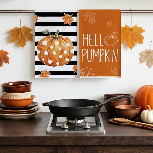 Alt view image 7 of 7 - Fall Kitchen Towels, Pumpkin Fall Decor, Stripe Hand Towels | Thanksgiving Dish Towel Set of 2 18x28 Inch,Autumn Bathroom Decorations,Seasonal Farmhouse Decor