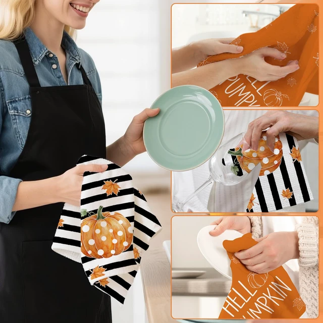 Alt view image 6 of 7 - Fall Kitchen Towels, Pumpkin Fall Decor, Stripe Hand Towels | Thanksgiving Dish Towel Set of 2 18x28 Inch,Autumn Bathroom Decorations,Seasonal Farmhouse Decor