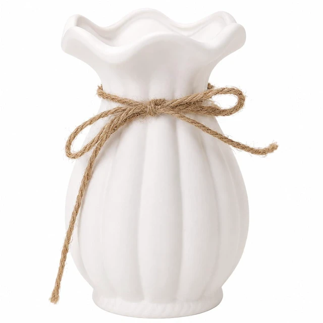 Main image of Small White Ceramic Vase, 5.9 Inch Modern Wavy Flower Vase with Rustic Rope, Minimalist Tabletop Vase for Shelf, Desk, Coffee Table, Living Room, Bedroom, Home Decor Gift