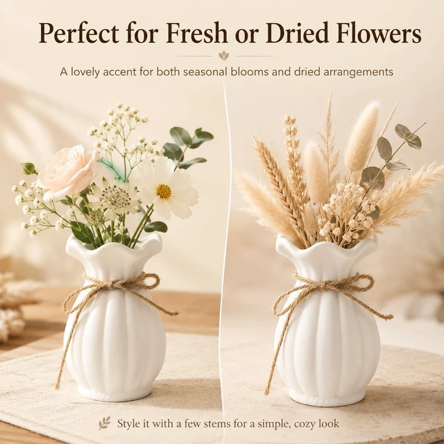Alt view image 2 of 6 - Small White Ceramic Vase, 5.9 Inch Modern Wavy Flower Vase with Rustic Rope, Minimalist Tabletop Vase for Shelf, Desk, Coffee Table, Living Room, Bedroom, Home Decor Gift