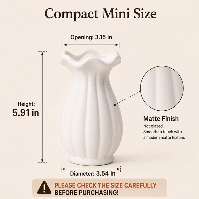 Alt view image 3 of 6 - Small White Ceramic Vase, 5.9 Inch Modern Wavy Flower Vase with Rustic Rope, Minimalist Tabletop Vase for Shelf, Desk, Coffee Table, Living Room, Bedroom, Home Decor Gift