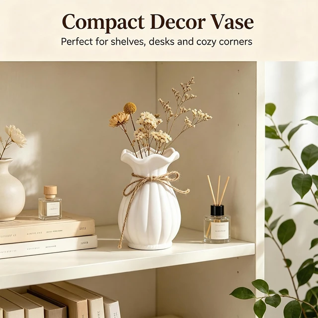 Alt view image 4 of 6 - Small White Ceramic Vase, 5.9 Inch Modern Wavy Flower Vase with Rustic Rope, Minimalist Tabletop Vase for Shelf, Desk, Coffee Table, Living Room, Bedroom, Home Decor Gift