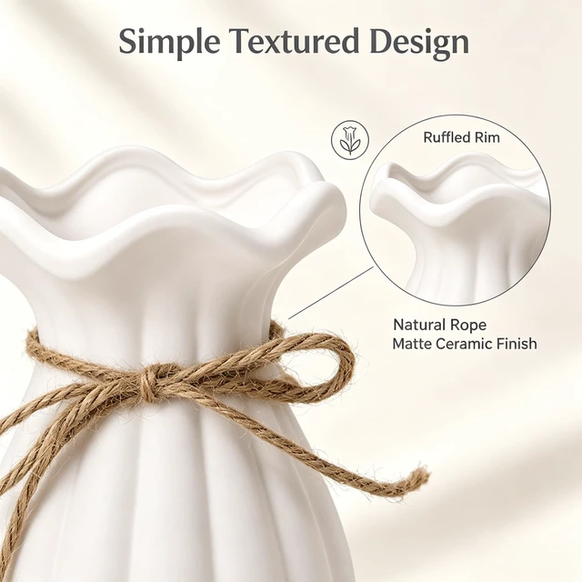 Alt view image 5 of 6 - Small White Ceramic Vase, 5.9 Inch Modern Wavy Flower Vase with Rustic Rope, Minimalist Tabletop Vase for Shelf, Desk, Coffee Table, Living Room, Bedroom, Home Decor Gift