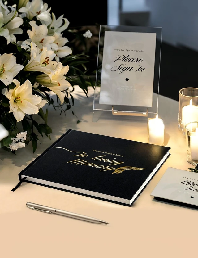 Alt view image 7 of 7 - molekaus Funeral Guest Book, Celebration of Life Memorial Book | Leather, Holds 270 Signatures, For Memorial Service, Includes 2 Table Signs & Pen