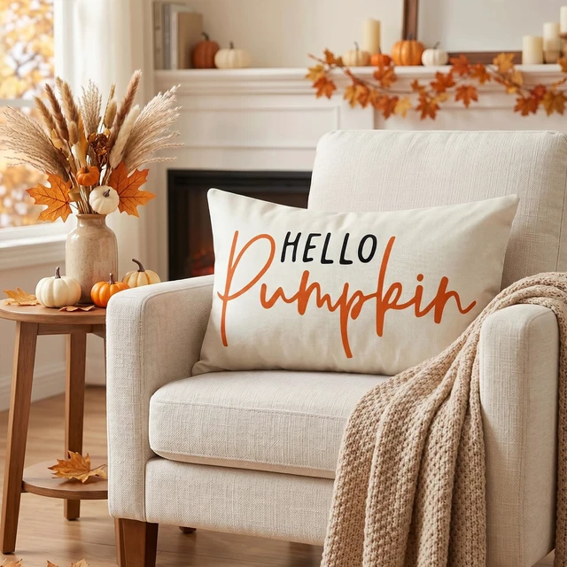 Alt view image 2 of 7 - Hello Pumpkin Beige Lumbar Throw Pillow Cover 12x20 Inch Fall Decoration Cushion Cover Thanksgiving Farmhouse Pillow Case for Home Sofa Couch Decor