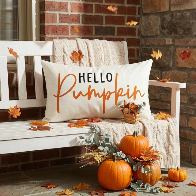 Alt view image 6 of 7 - Hello Pumpkin Beige Lumbar Throw Pillow Cover 12x20 Inch Fall Decoration Cushion Cover Thanksgiving Farmhouse Pillow Case for Home Sofa Couch Decor